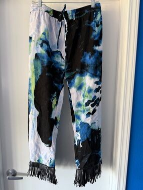Fringed Tie-Dye Print Lounge Pants - Blue & Black-DKNY- Upcycled